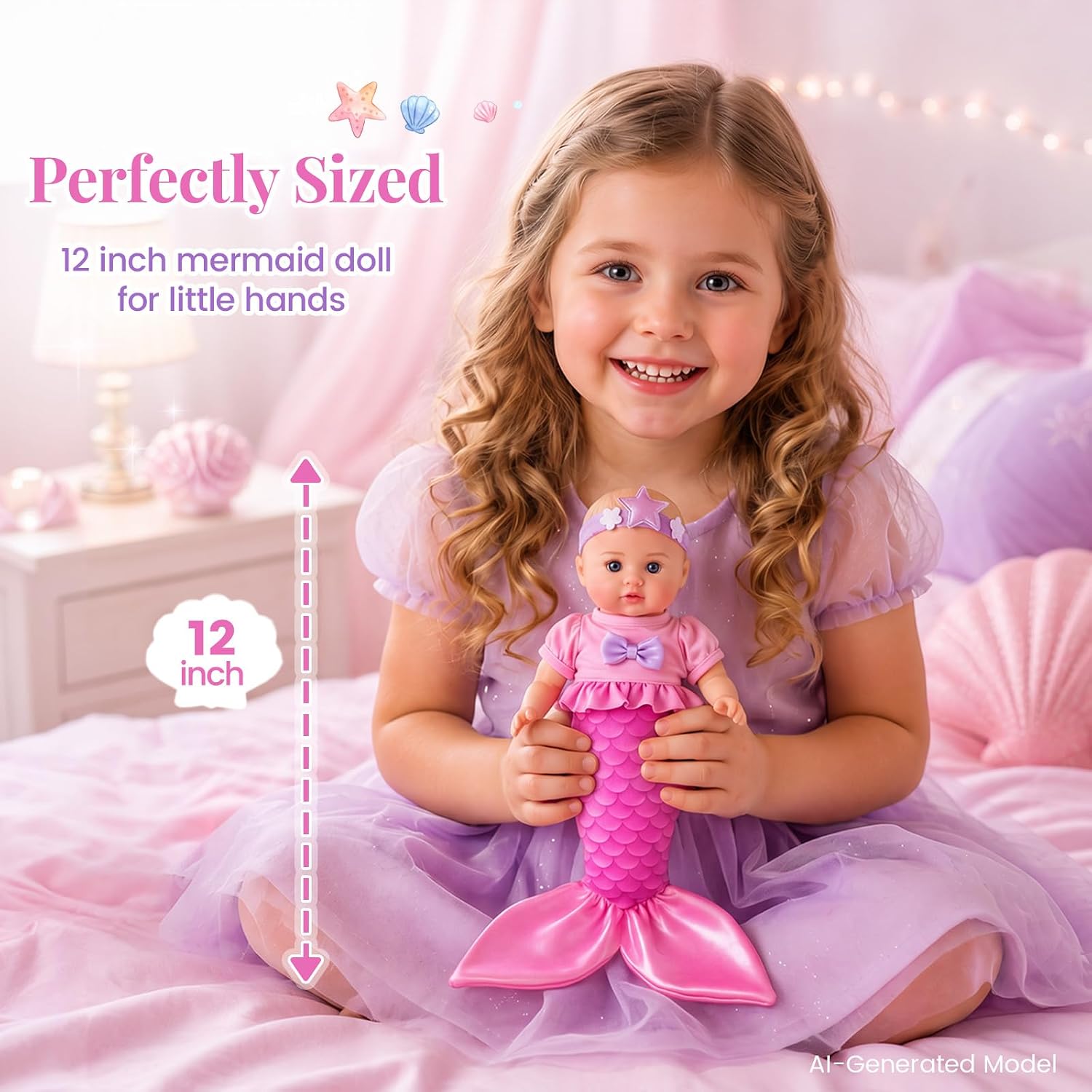 BABESIDE Mermaid Baby Doll Girl, 12 Inch Realistic Baby Doll with Shiny Pink Mermaid Tail, Lifelike Mermaid Toy for Girls Age 3+ Birthday image 4