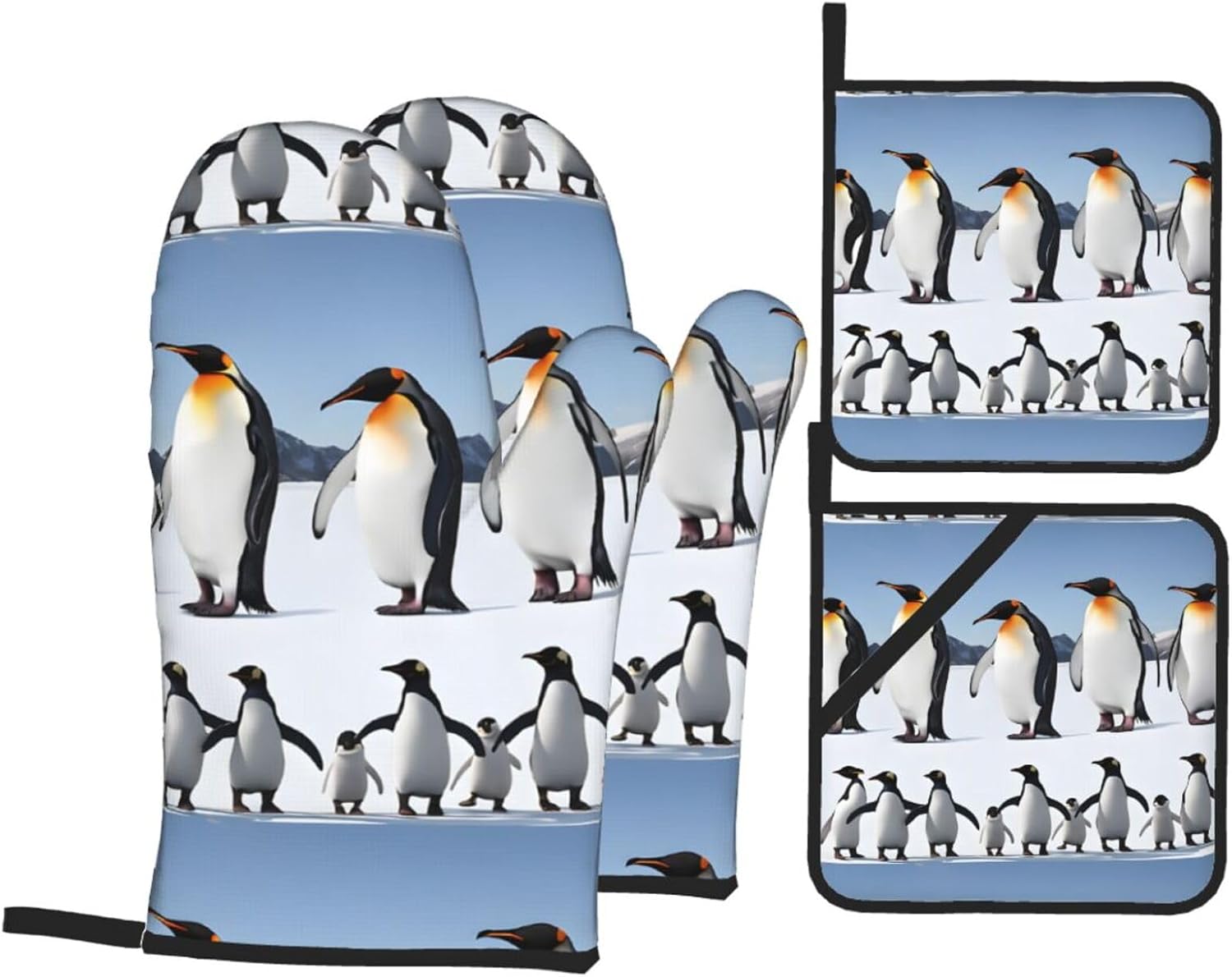 (Penguins) Baking 4-Piece Set: 2 Oven Mitts and 2 Pot Holders Heat Resistant Waterproof Hanging Loop for Kitchen Oven Grill Housewarming Gifts