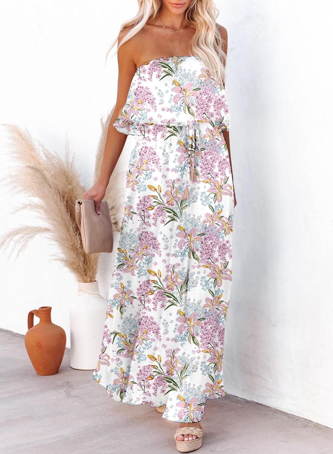 Dokotoo Womens Strapless Dresses Casual Summer High Waist Side Split Flowy Boho Maxi Dress - Image 2