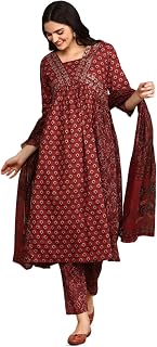 ishin Women Red Cotton Kurta sets with Dupatta Price In India