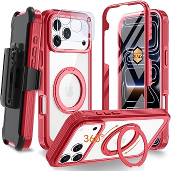 Magnetic for iPhone 17 Pro Case, Compatible with MagSafe, Full Body Rugged Case with Built-in Screen Protector & Kickstand & Belt-Clip Red