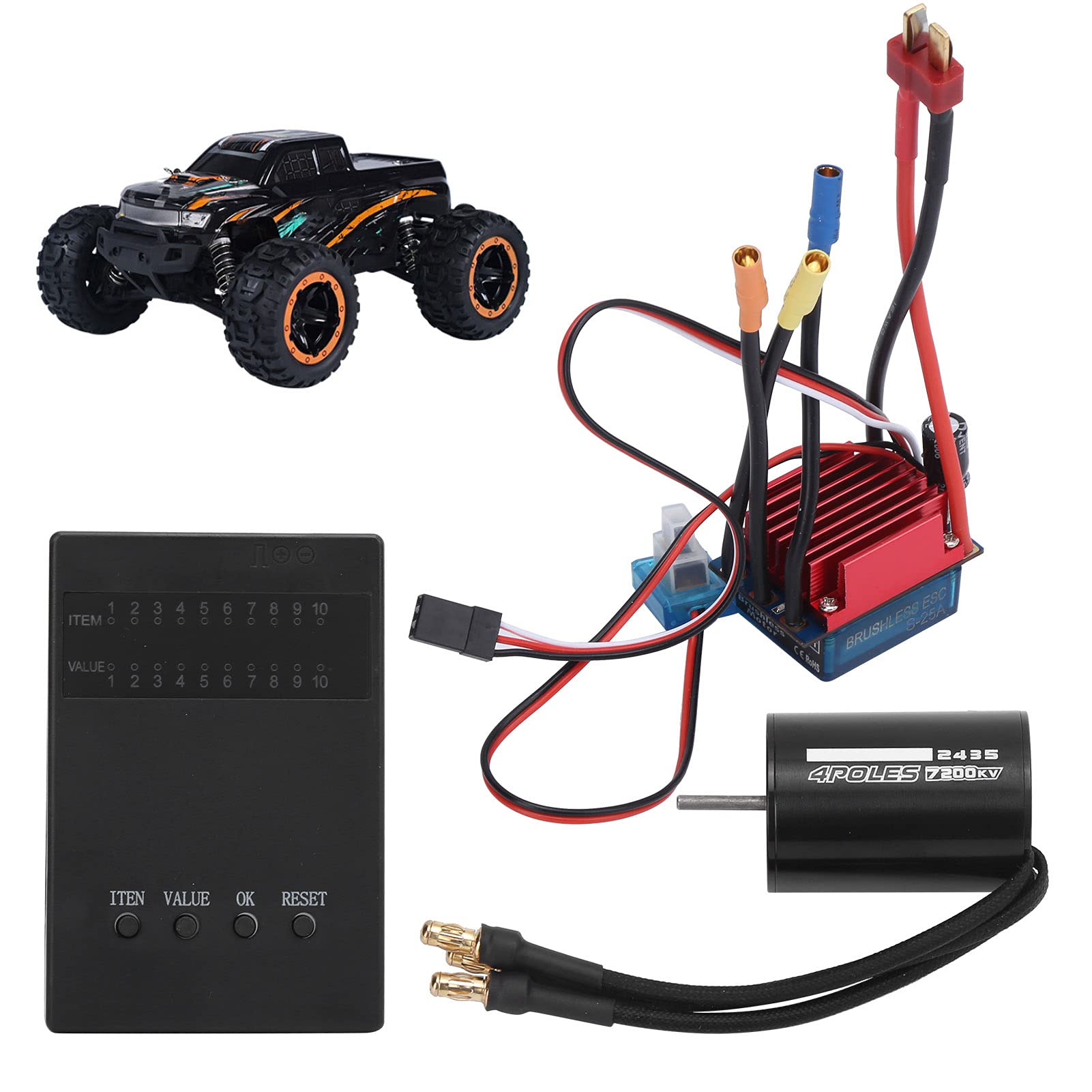 Silnik Bezszczotkowy i Zestaw ESC, Kompatybilny z Samochodami RC | Gładka przepustnica, aluminiowy radiator CNC, 4-biegunowy silnik 2430 7200KV, 25A ESC, karta do programowania, czarna