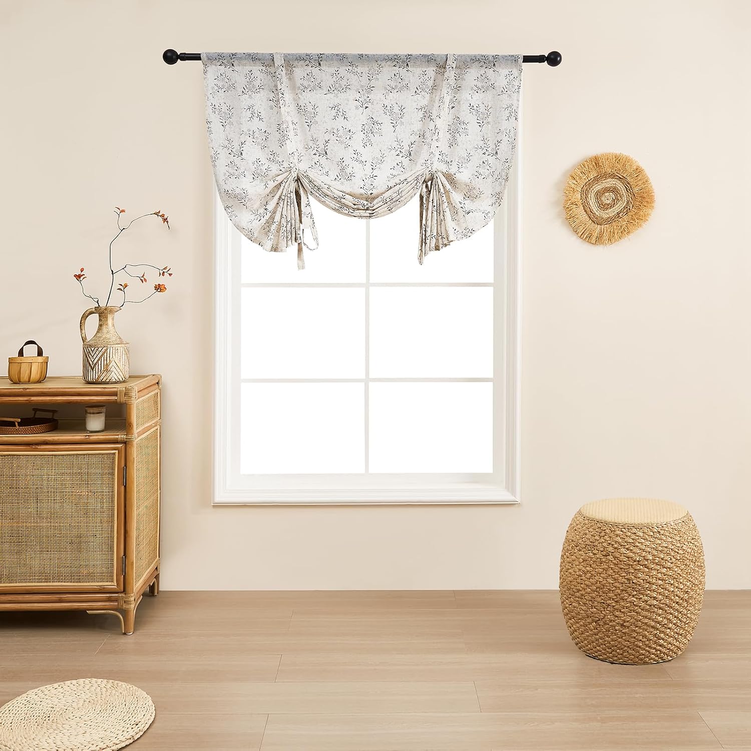 vctops Tie up Curtain Farmhouse Rustic Floral Printed Rod Pocket Window Valance Curtains Light Filtering Adjustable Ballon Window Treatment Panel for Kitchen Bedroom Living Room, 46"x63"