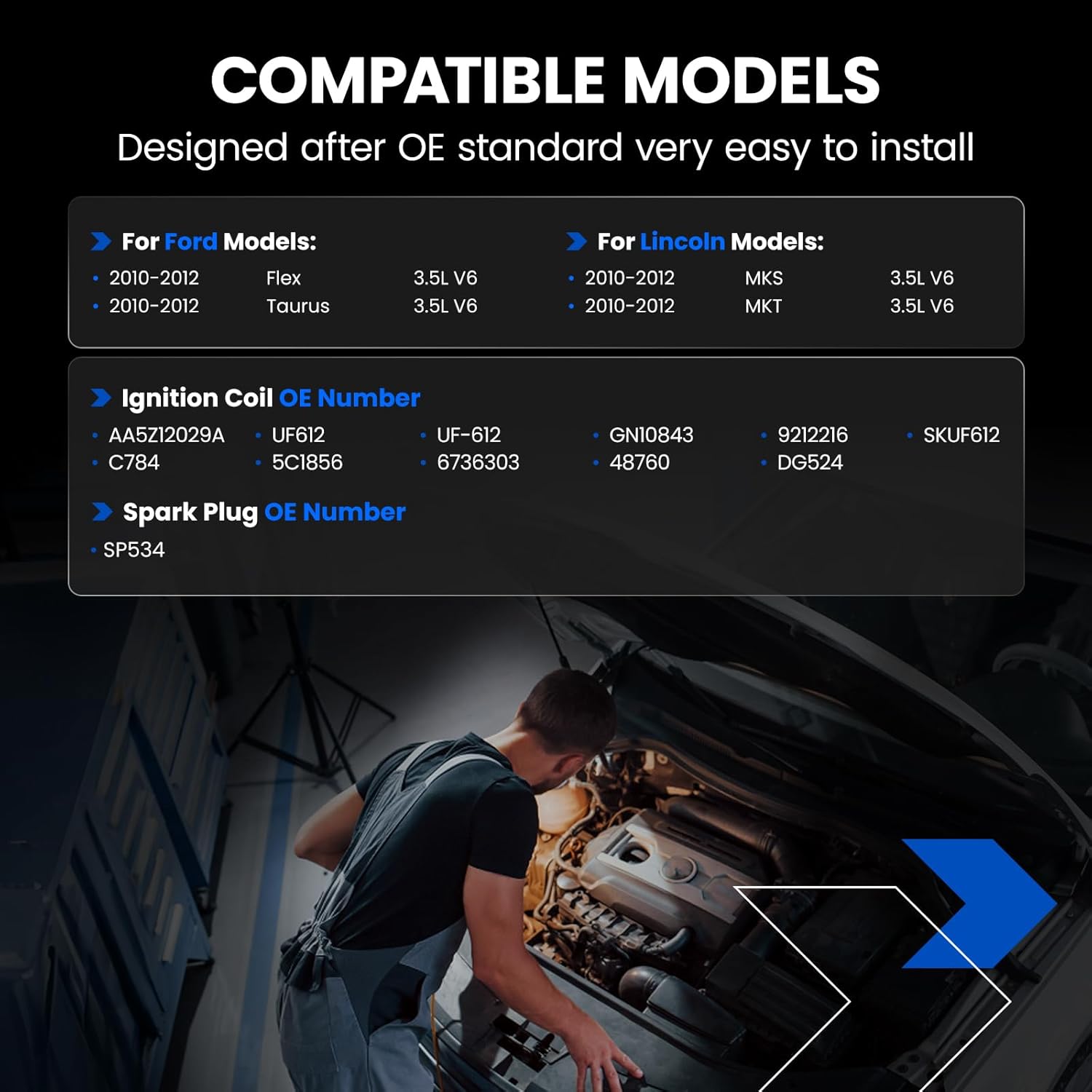 6-Pack UF612 Ignition Coils & SP534 Spark Plugs Kit Compatible with Ford Flex Taurus 2010-2012 & Lincoln MKS MKT 2010-2012, V6 3.5L - Replaces AA5Z12029A UF-612 GN10843 5C1856 DG524 & more