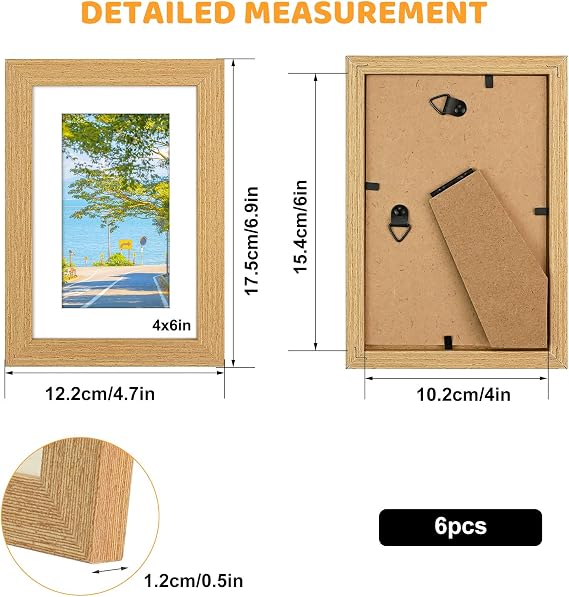 6x4 Photo Frames with Mount - 6 Pack 6x4 Picture Frame Wood Look for 15x10cm, 4x6 Picture Frames Small Postercard Frame for Wall Mount & Desktop
