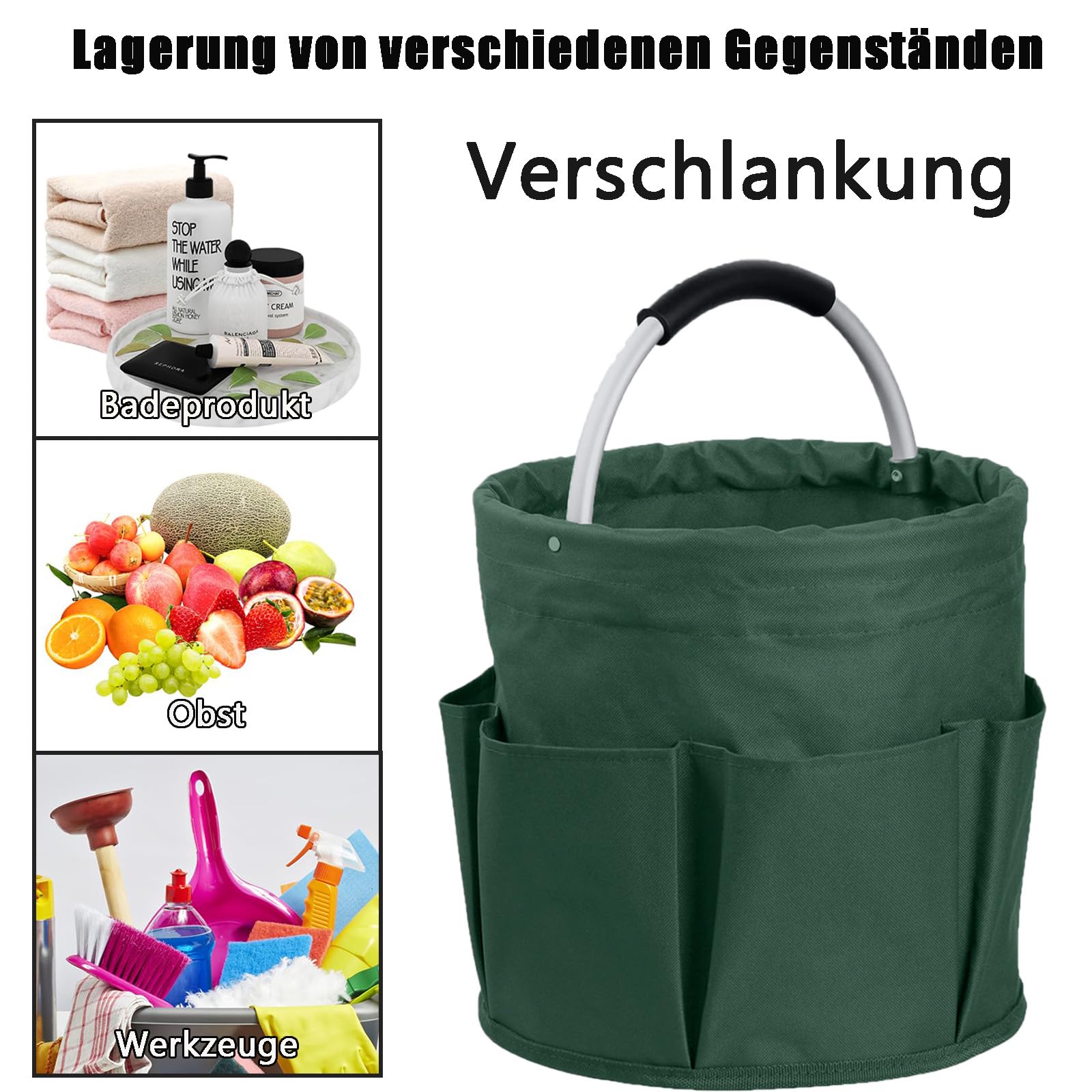 Borsa per la Pulizia Universale, Organizer per Prodotti per la Pulizia, Cesto per La Conservazione Dei Prodotti per La Pulizia, Cestino per Attrezzi Pieghevole con 6 Tasche Esterne, per Casa, Verde