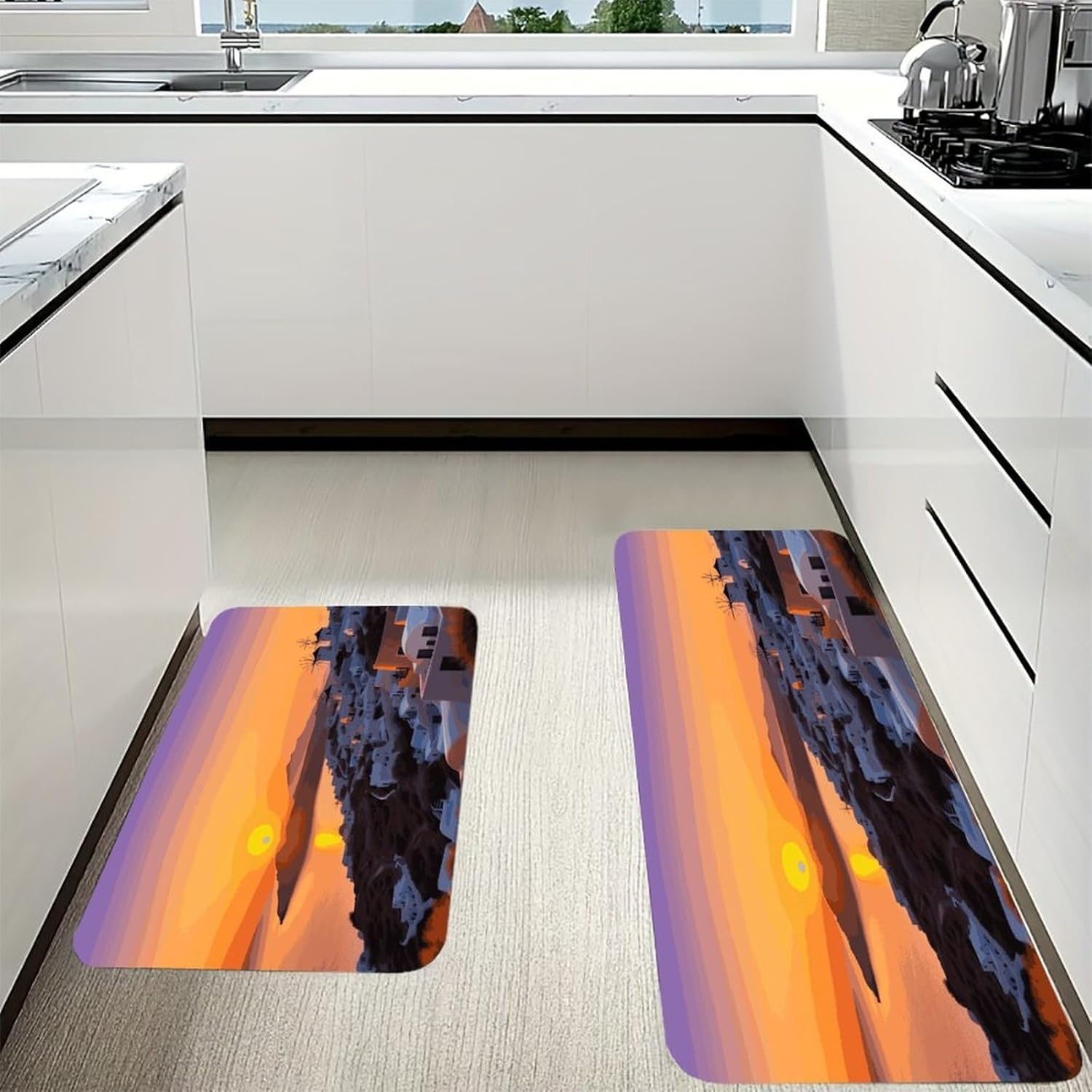 Greece Island Sunset Landscape Kitchen Mats with 2PCS Non-Slip Washable,Kitchen Rug Heavy Duty Durable, Floor Mats for Kitchen,Office,Sink,Laundry
