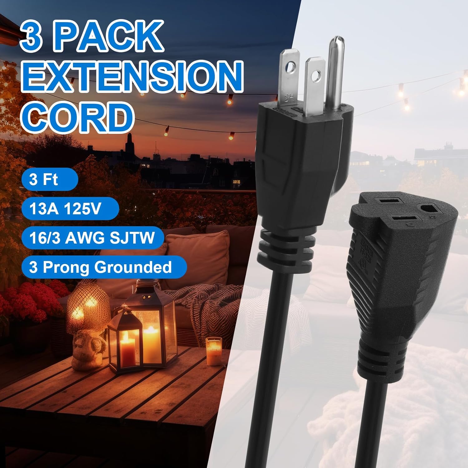 3 Pack Outdoor Extension Cord Cover Waterproof 3 ft 3 Prong and Extension Cord Cover with 4 Seal Catches for Awg 12/14/16 Weatherproof Capsule Protector for Holiday Lights(Black)