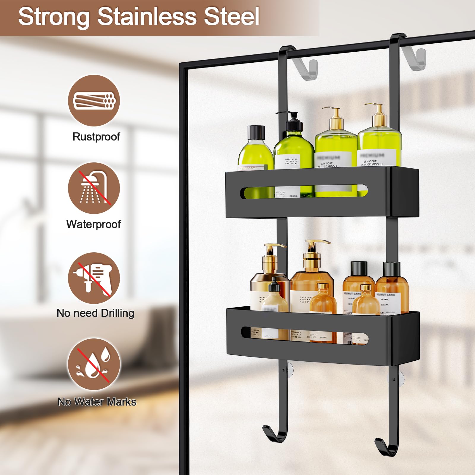Ajex Shower Caddy Hanging,Over Door Shelf Storage with 2 Tier Rack Hanging - Image 4