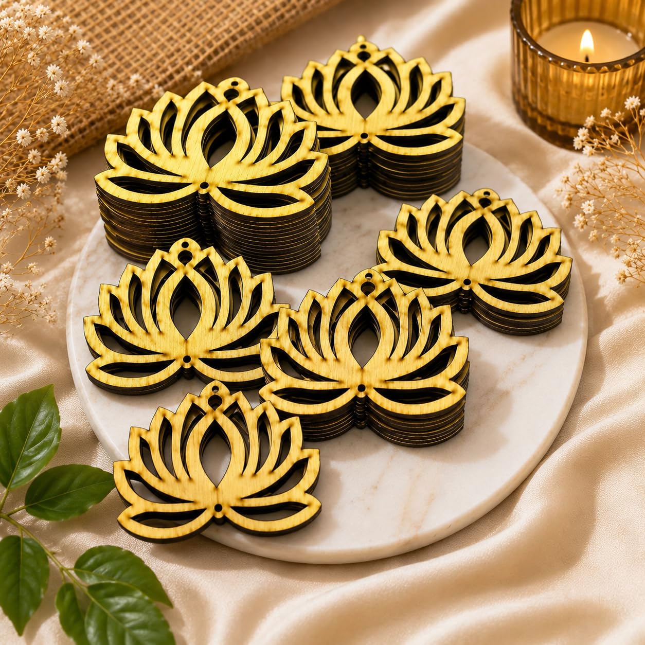 Red Club Gold Wooden Lotus Cutouts for Festival Decoration | 4 x 3 Inch | 2.5 mm Thick MDF Lotus Hanging | Reusable Rangoli for Diwali, Lakshmi Puja, Navratri, Wedding, DIY Craft & Home Decor Pack 24-image-17