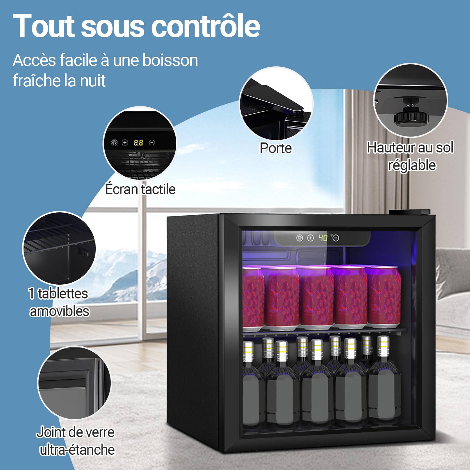 réfrigérateur à boissons, 40l/60 Canettes Mini-réfrigérateur avec porte transparente pour la limonade de bière ou de vin, plaque de travail réfrigérateur avec étagères amovibles réglables - 4