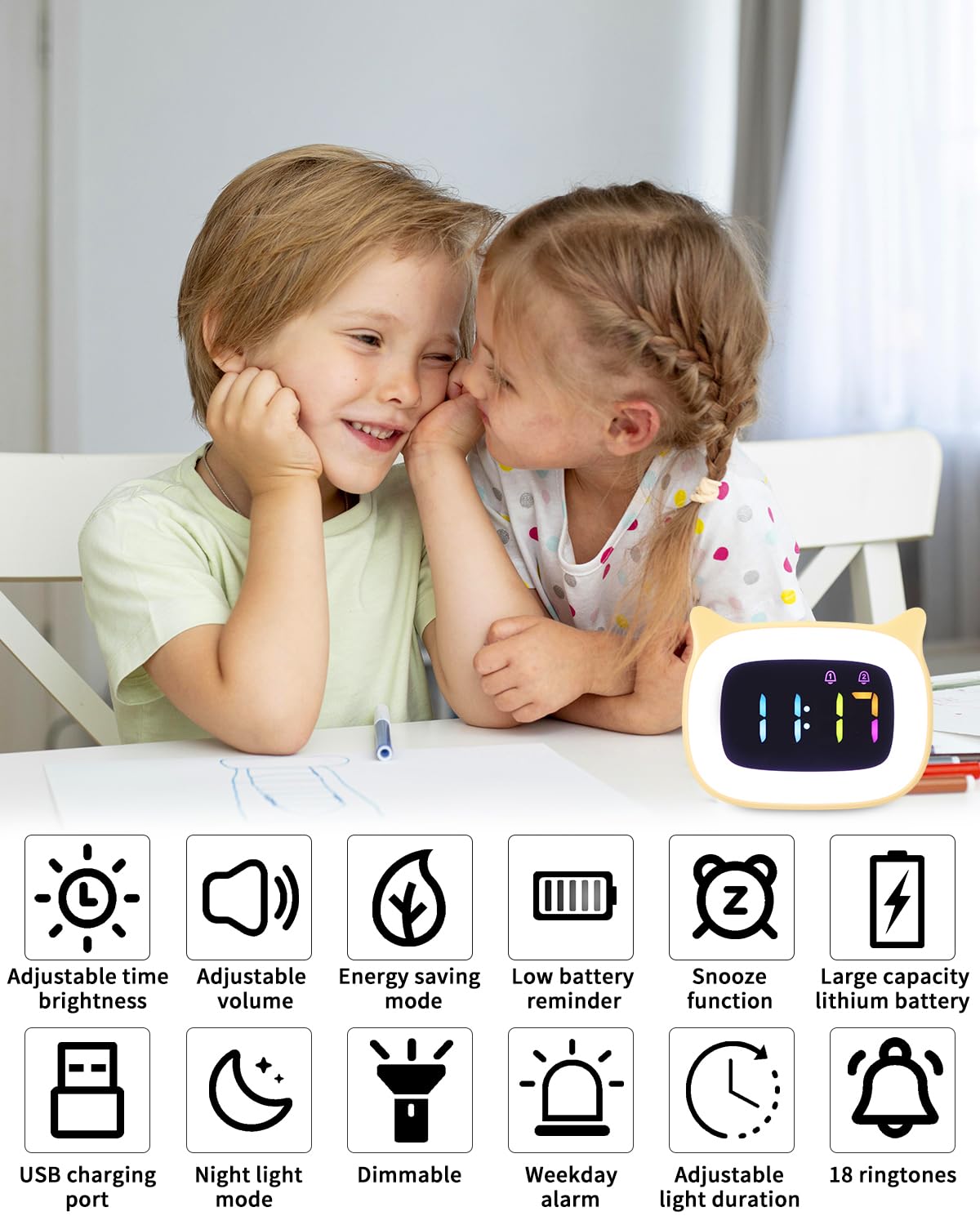 PERMUST LED Sveglia Bambini, Sveglia da Comodino, Luminosità Regolabile | Sveglia per Bambini, 18 Suonerie, Sveglia da Comodino Digitale di alta qualità, 4 Modalità, Porta di Ricarica USB