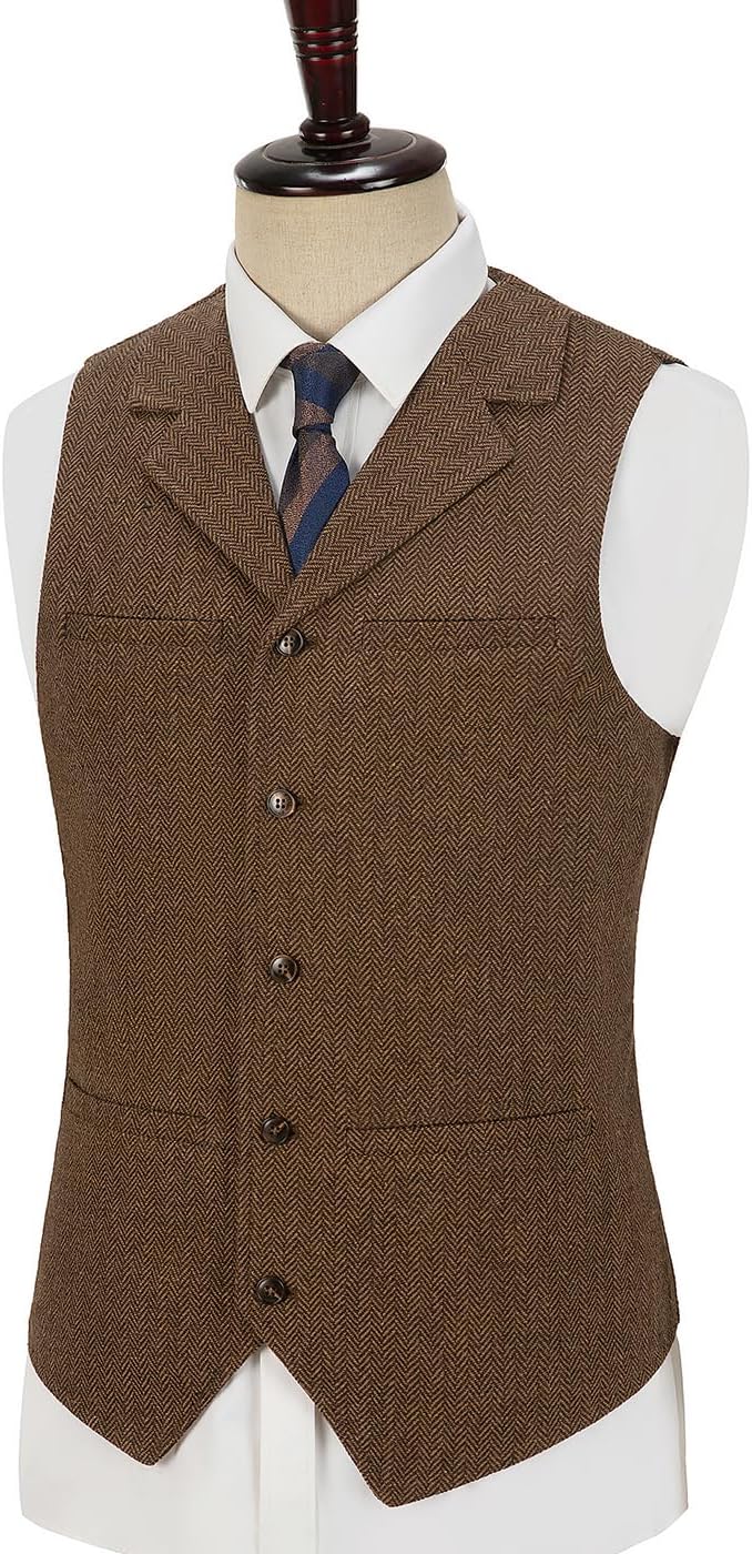 Hunting Aged Mens Tweed Vests Herringbone Waistcoats Retro Casual Wedding Wool Business Vests - Image 3