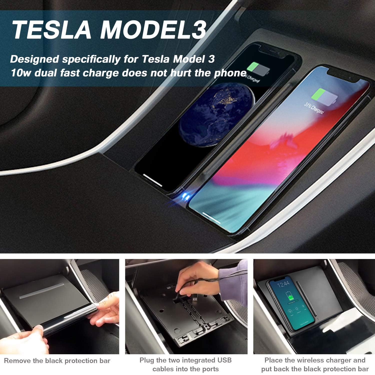 VXDAS Cargador inalámbrico para Tesla Modelo 3, Puertos USB Dobles Plataforma de Carga inalámbrica para Tesla Modelo 3, Cargador móvil Dual para Todos los teléfonos habilitados para Qi