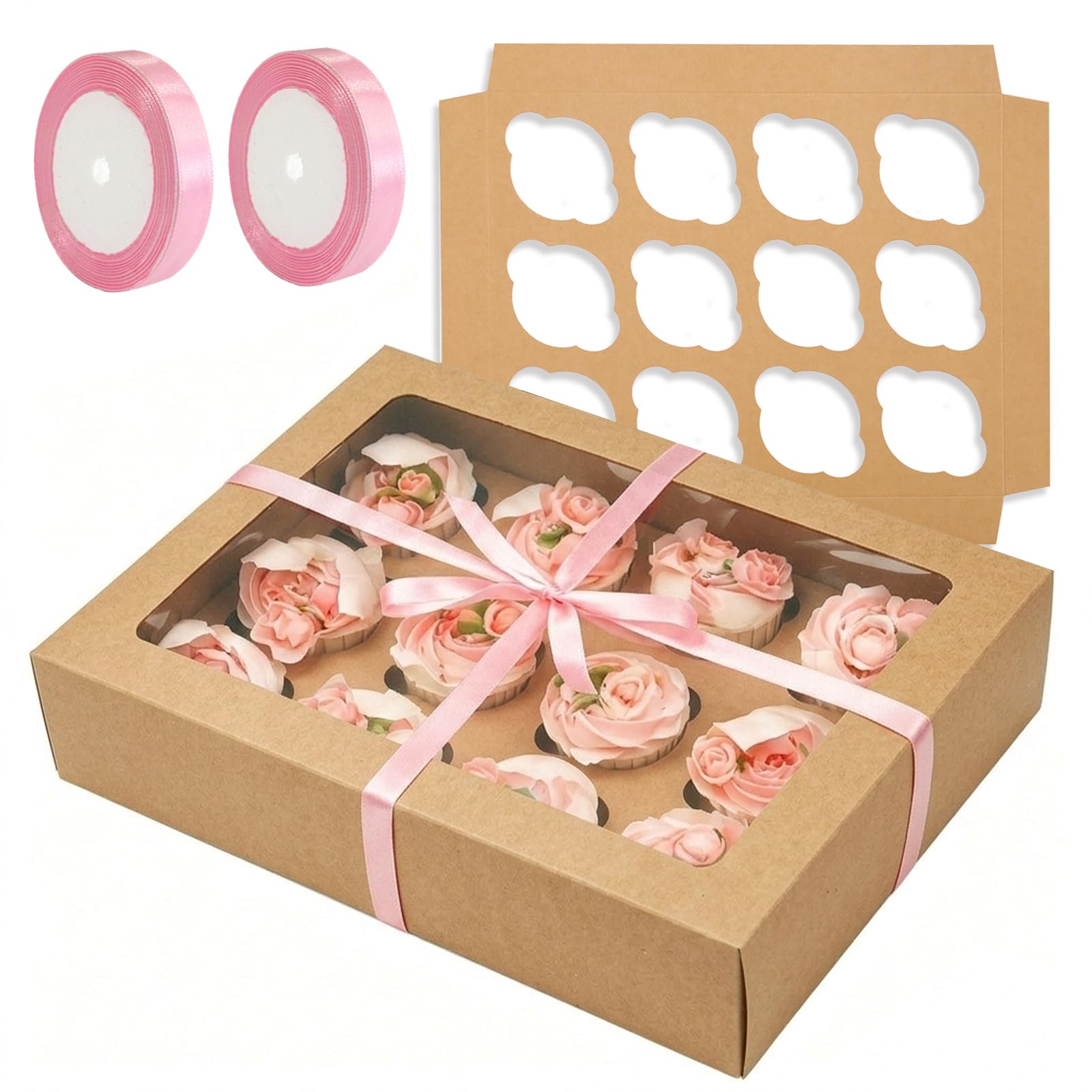 Bakepacker Auto-pop Up Cupcake Boxes with Window Brown 40PCS 12 Count