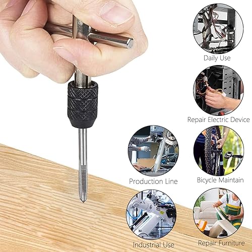 Miniatura 7 de Juego de llaves de grifo con mango en T con 5 piezas M3 M4 M5 M6 M8 juego de herramientas de roscado + 5 piezas de brocas giratorias