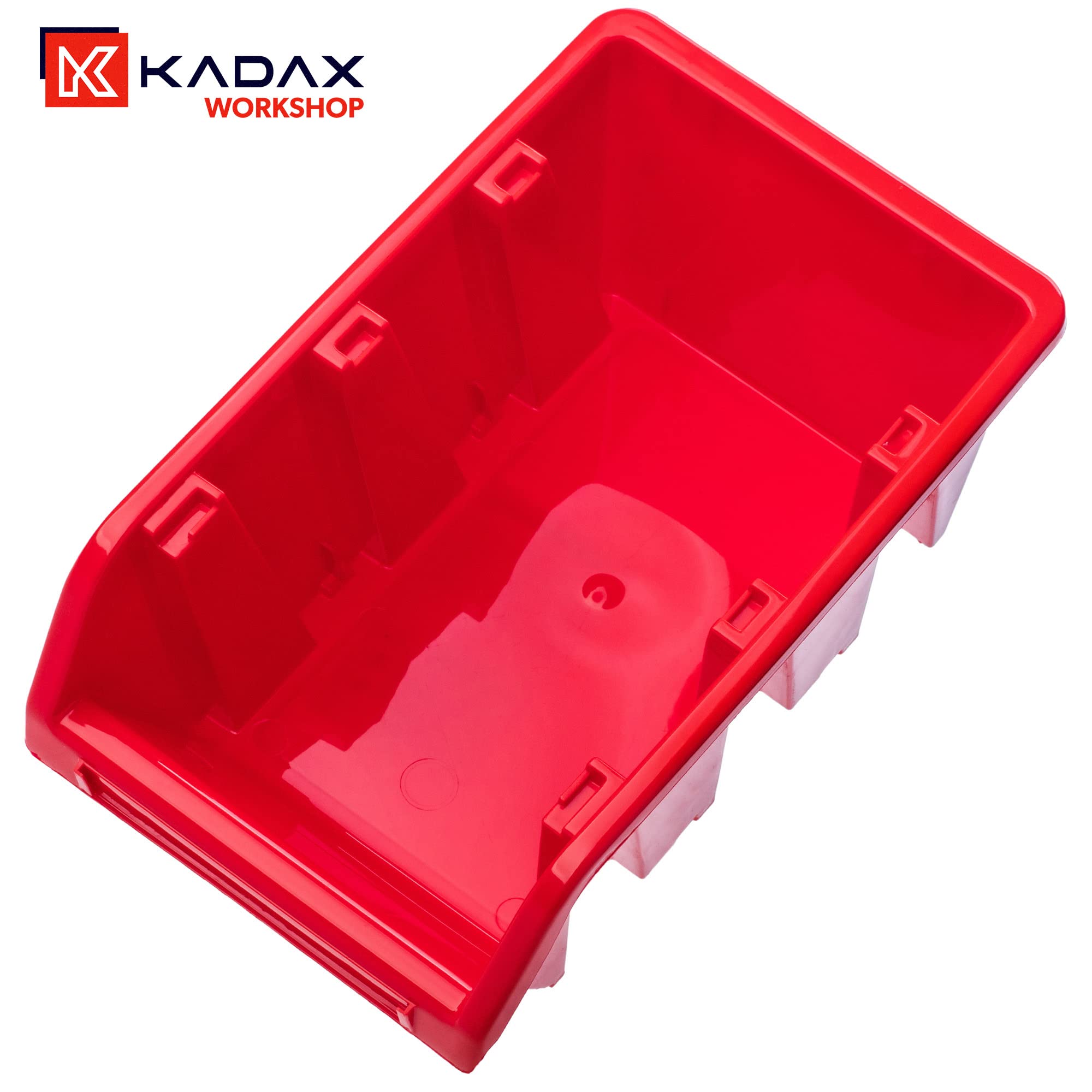 KADAX Boîtes de Rangement Murales, Boîtes Empilables en Plastique pour Organiser Vos Outils, Bacs à Bec pour Garage (Lot de 10 : Rouge, 490 x 298 mm)