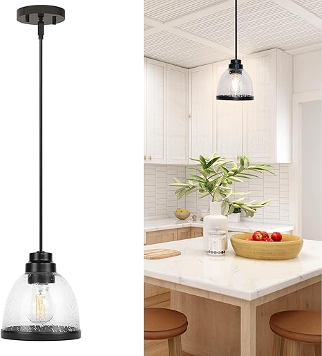 Industrial Pendant Light, Farmhouse Adjustable Hanging Light Fixtures with Seeded Glass Shade, Black Globe Mini Hanging Pendant Lights for Kitchen ...