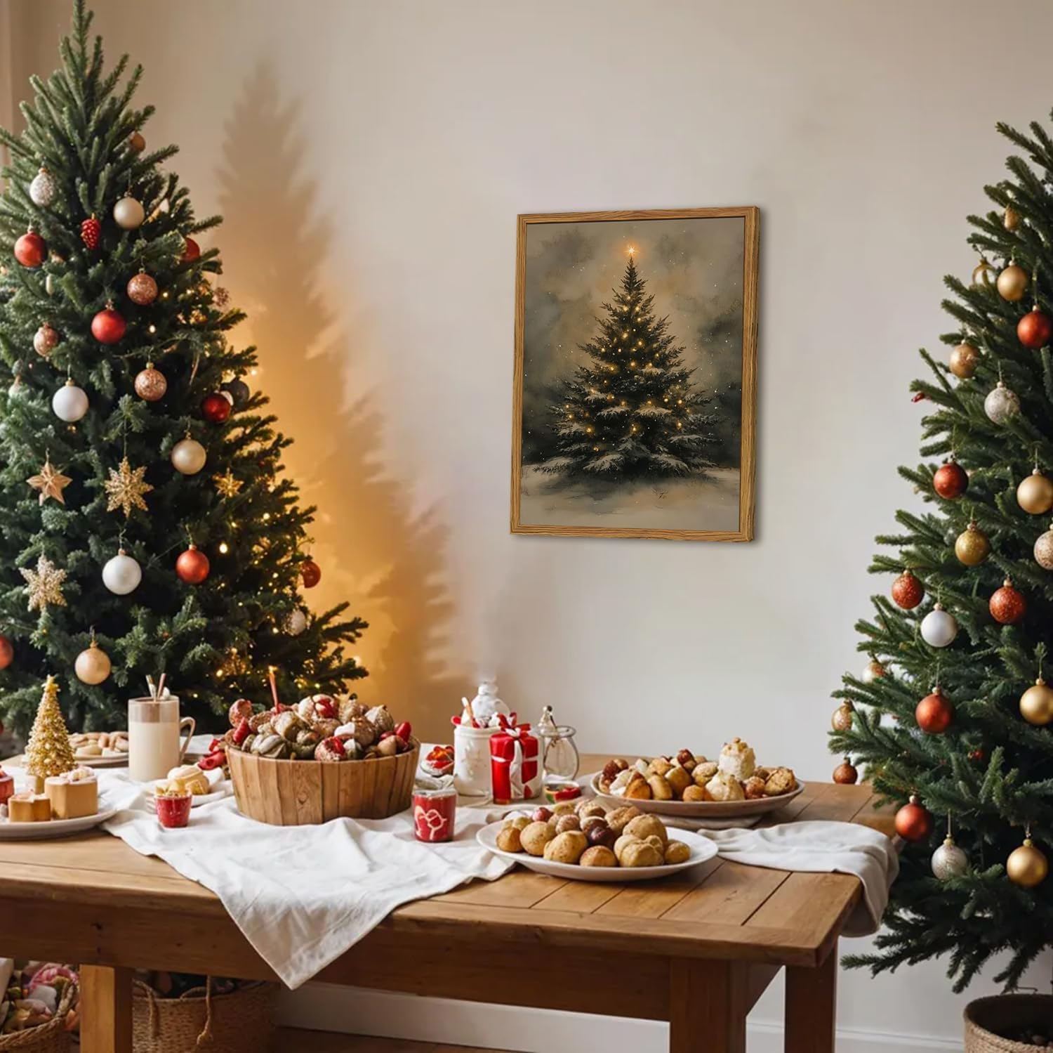 Vintage Christmas Wall Art Natural Christmas Tree Wall Decor Paintings Winter Landscape Pine Tree Poster Canvas Prints for Farmhouse Mantel Bedroom Living Room 12x16 inch Wood Framed