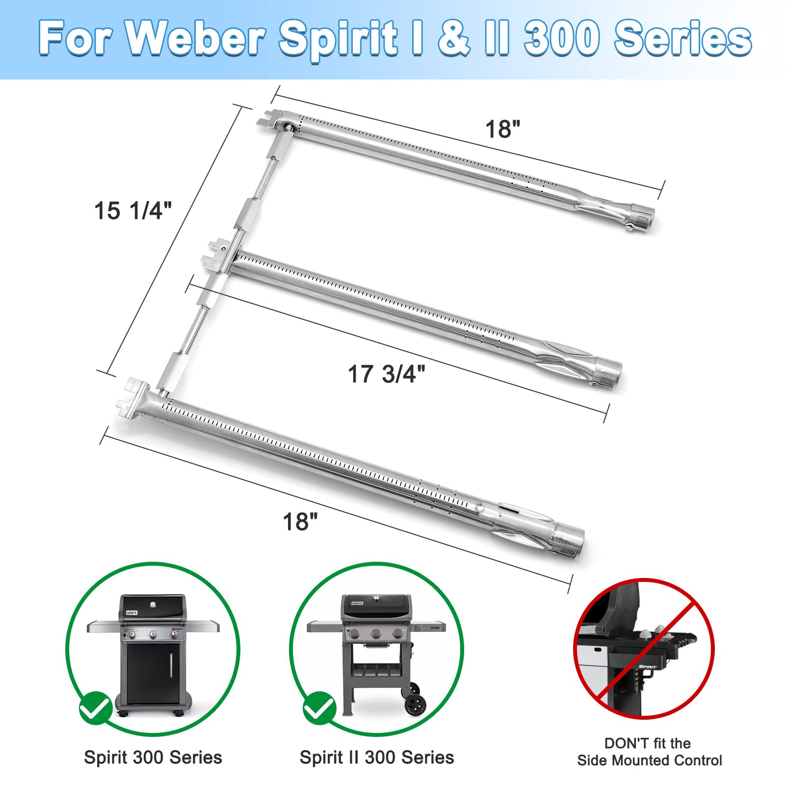 Adviace 18 Inches 69787 Grill Burner for Weber Spirit I&II 300 Series, E310 E320 E330 S310 S320 S330 with Front Control, 304 Stainless Steel Burner Tube Pipe for Weber Spirit Grill Replacement Parts.