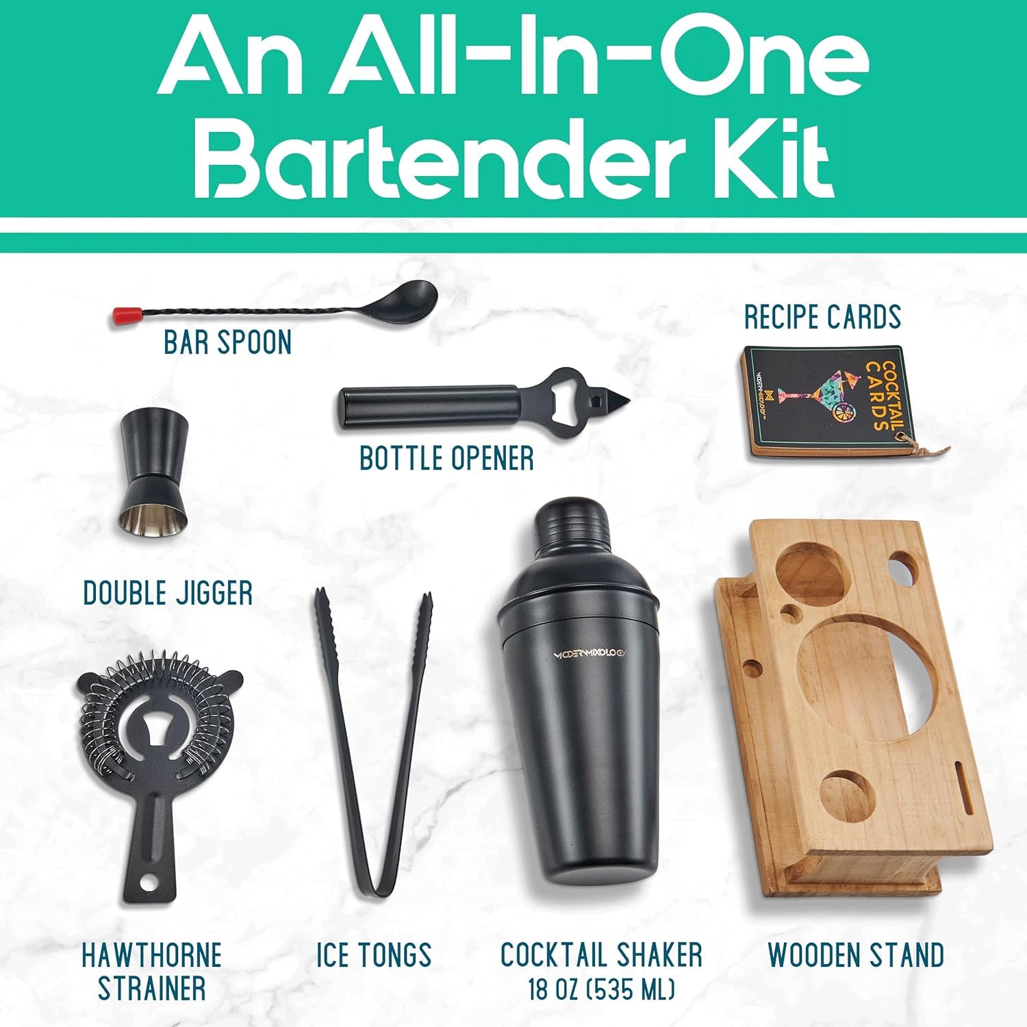 Juego de cóctel de 8 piezas: coctelera de acero inoxidable, vaso medidor, colador, cuchara para mezclar, pinzas, abrebotellas, soporte de madera y tarjetas de recetas para fiestas y días festivos