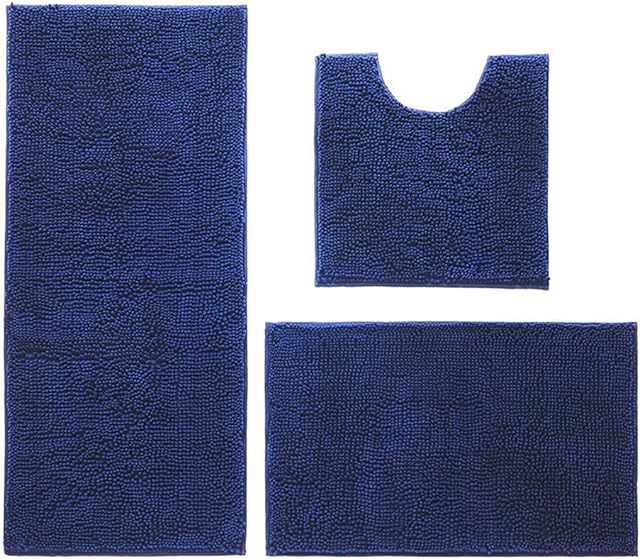 3 Pieces Bathroom Rug Set, Shaggy Ultra Soft Non Slip Bathroom Mat Set, Includes U-Shaped Contour Toilet Mat Plush Bath Mats for Bathroom, Tub, Shower (Machine Washable) Navy