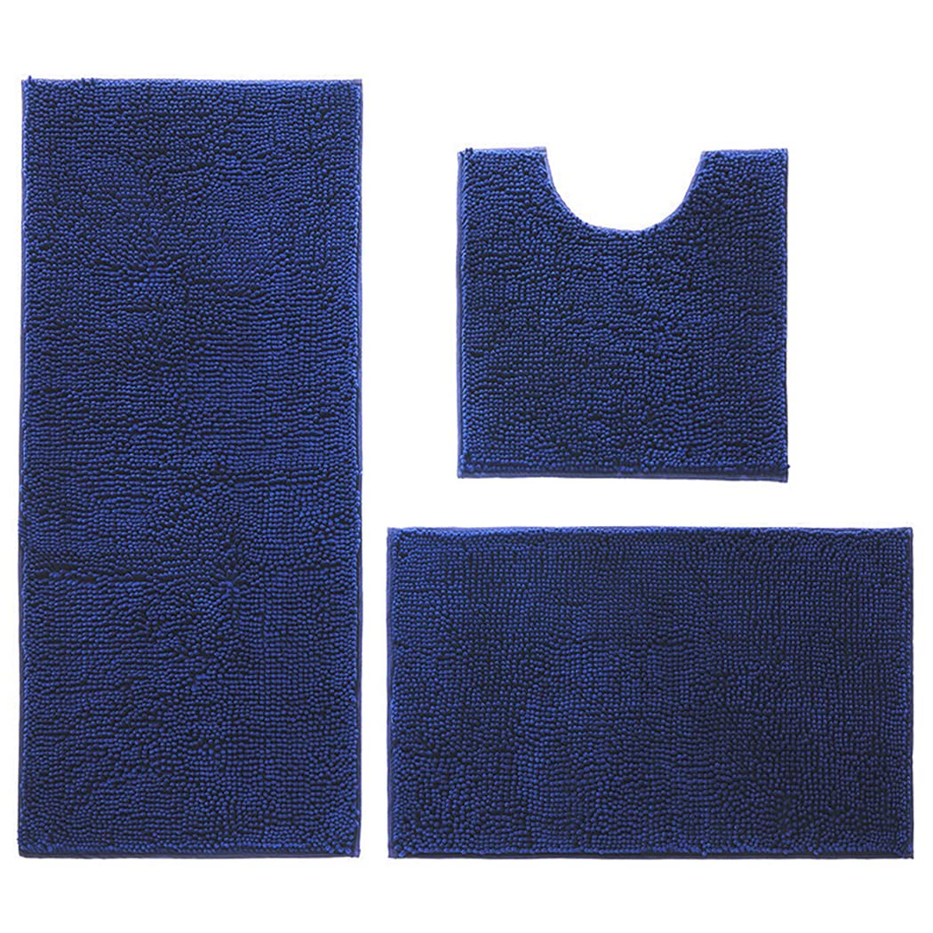 3 Pieces Bathroom Rug Set, Shaggy Ultra Soft Non Slip Bathroom Mat Set, Includes U-Shaped Contour Toilet Mat Plush Bath Mats for Bathroom, Tub, Shower (Machine Washable) Navy