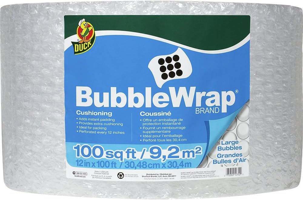 Duck Brand Large Bubble Wrap Roll, 5/16" Large Bubble Cushioning, 12" x 100', Perforated Every 12" (1061909)