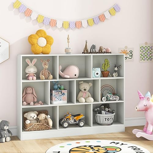 Miniatura 8 de Costzon 10-Cube Bookshelf for Kids, Wooden Toy Storage Organizer w 2 Anti-Toppling Kits, 3 Tier Open Shelves & Non-Slip Foot Pads, Montessori Toy
