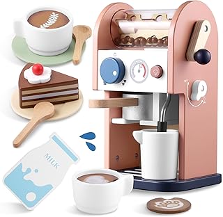 GAGAKU Children's Wooden Coffee Machine with Sound 15 Pieces Children's Kitchen Toy with Sound Children's Coffee Children Kitchen Play Kitchen Accessories Coffee Grinder Gifts for Boys and Girls from