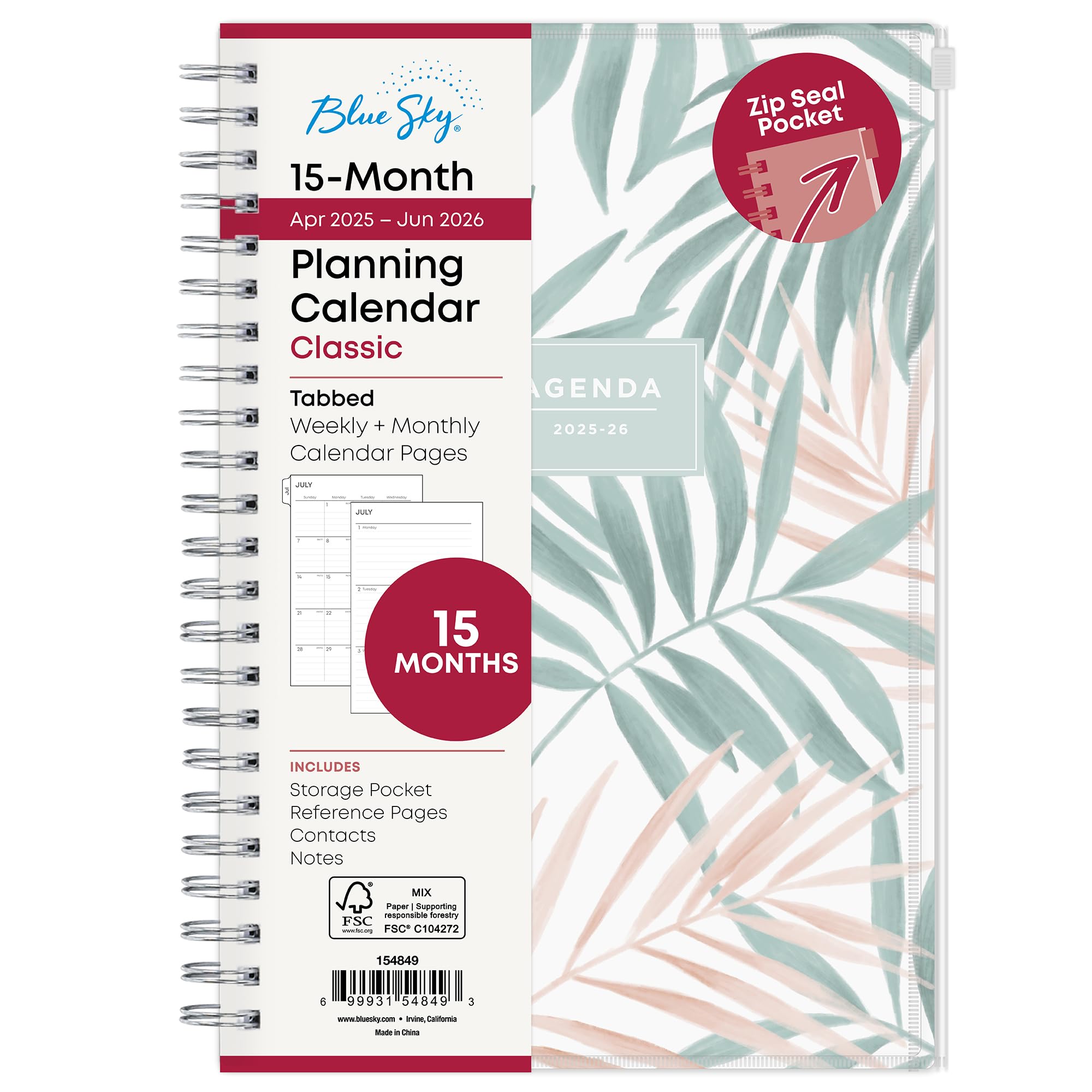 Blue Sky 2025-2026 Weekly and Monthly Academic Year 15 Month Planner Calendar, April 2025 - June 2026, 5" x 8", Flexible Cover With Zip Pouch,