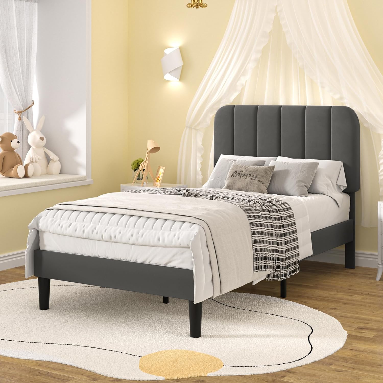 VECELO Polsterbett 90x200 cm mit Lattenrost Rückenlehne, Hautfreundlicher Samtstoff, Bett Einzelbett Jugendbett(Ohne Matratze), Legierter Stahl, Grau