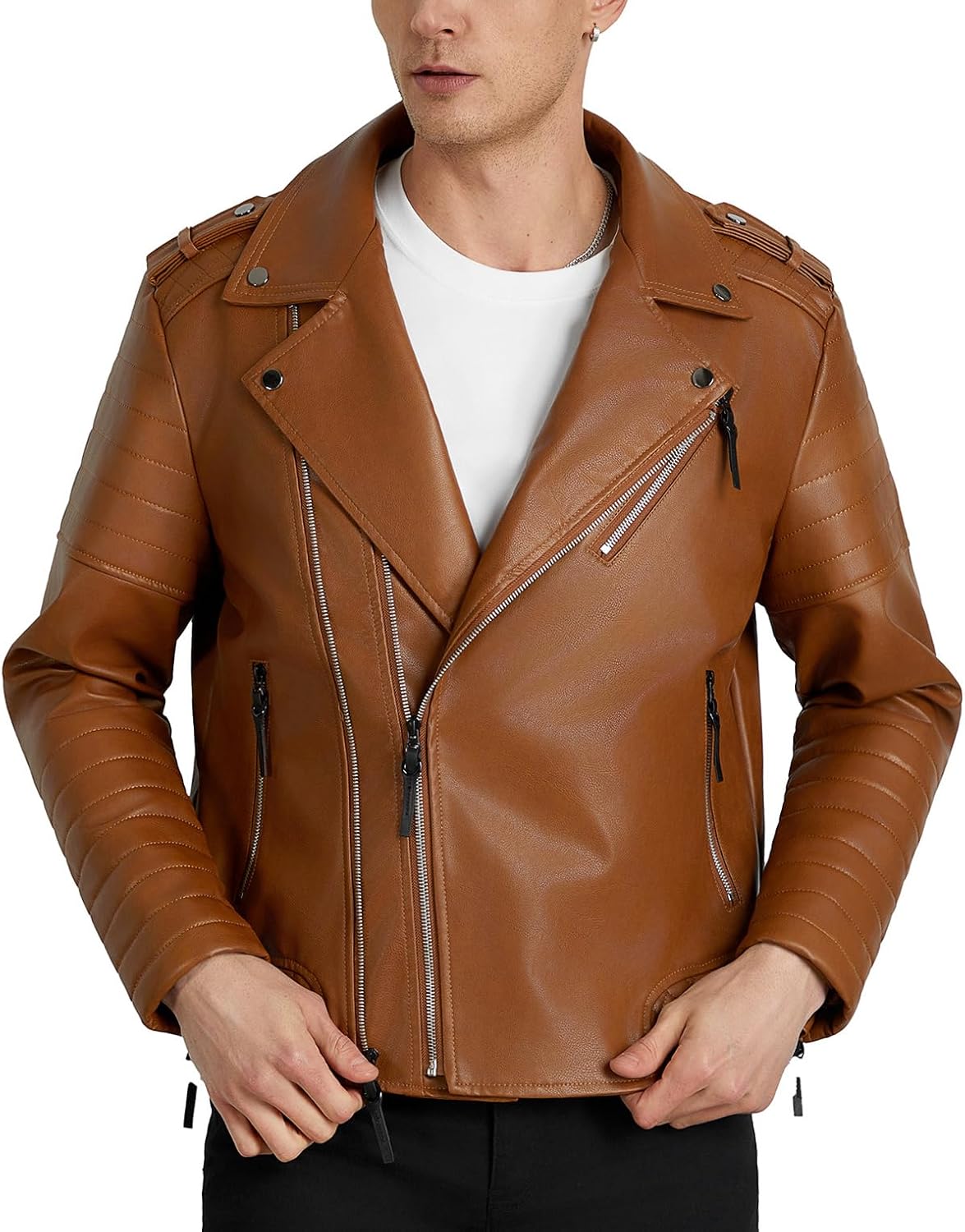 WULFUL Men's Leather Jackets, Faux Bomber Jacket for Men Motorcycle Lapel Asymmetric Zip-Up Slim Fit Biker Coat - Image 2