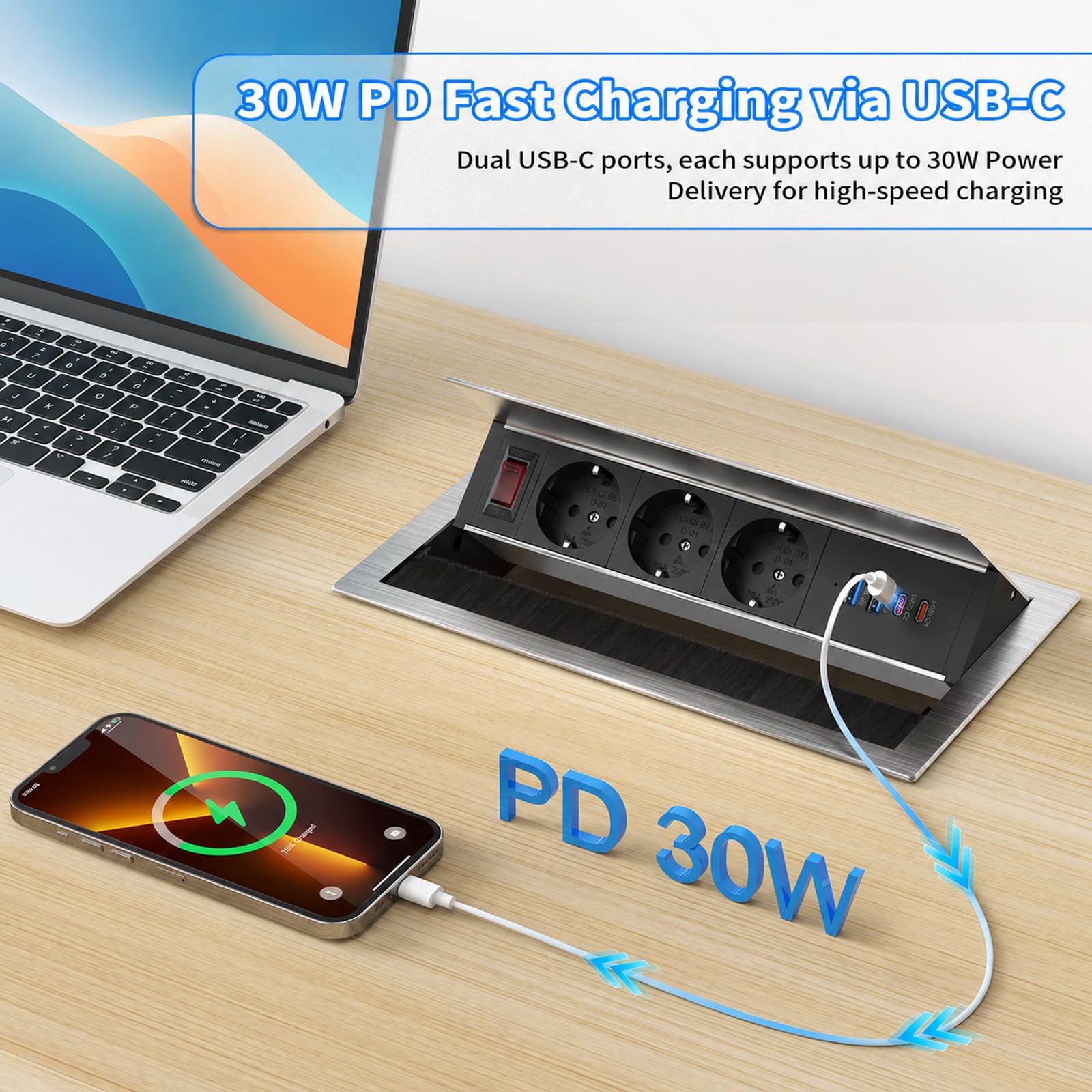 Wysuwane gniazdko z aluminium z USB-C PD 30 W, gniazdko do zabudowy z 3 gniazdami i 4 portami USB, wpuszczane gniazdko na biurko i do kuchni, regulowany kąt, kabel 1,8 m, kolor srebrny