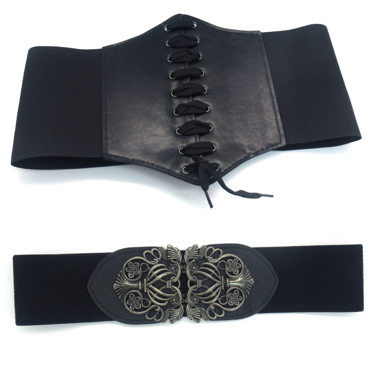Xelue FF 2 Pack Retro PU leather Elastic Wide Waist Belt Cinch with Metal Buckle and Lace-up Tied Waspie Corset