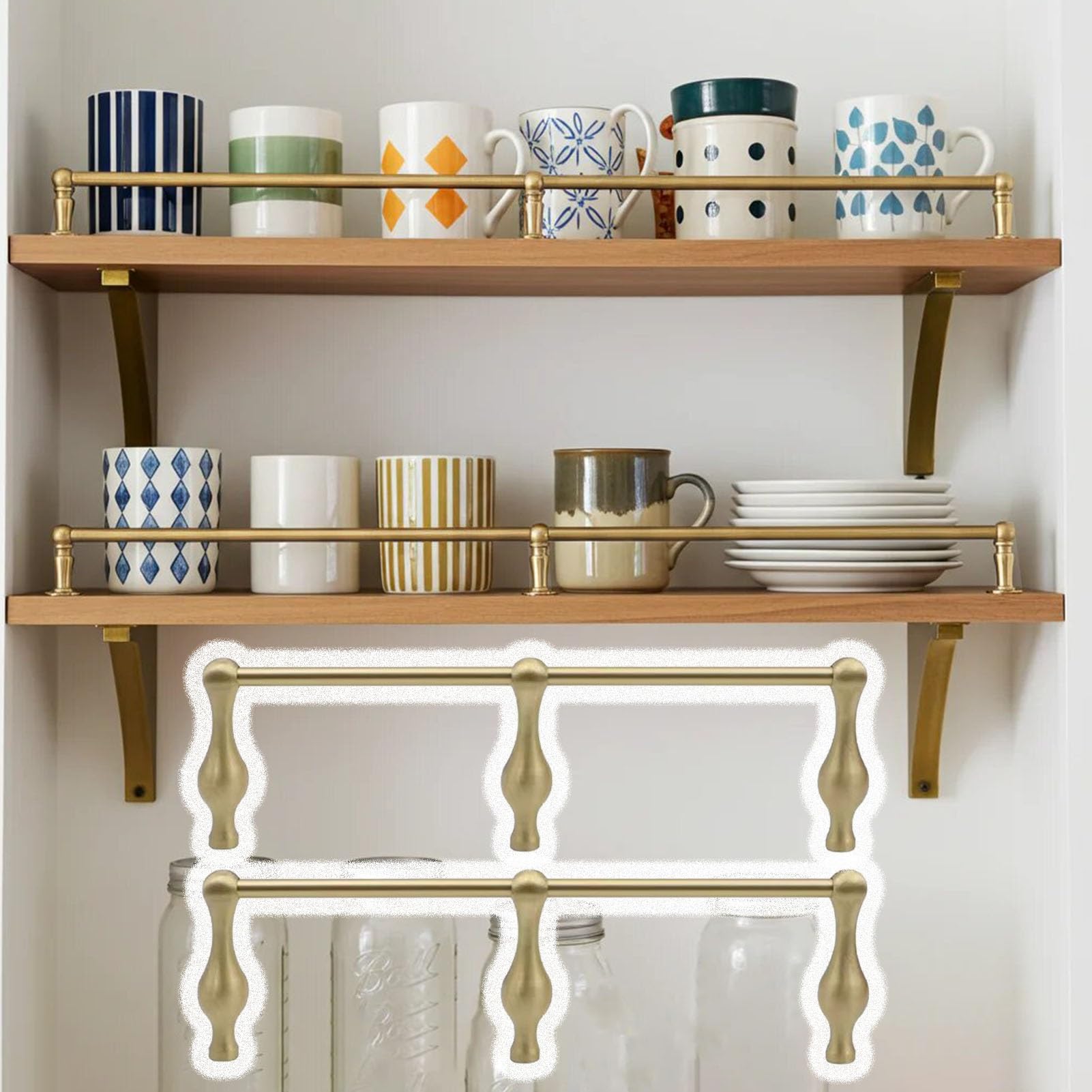 MESCXTY 2 pcs Brass Shelf Rail with 3 Spindles, 8-38 in Long Floating Railing Rod, Cabinet Fence Decorative Guardrail for Glassware, Collectibles(Style A,24in/61cm)