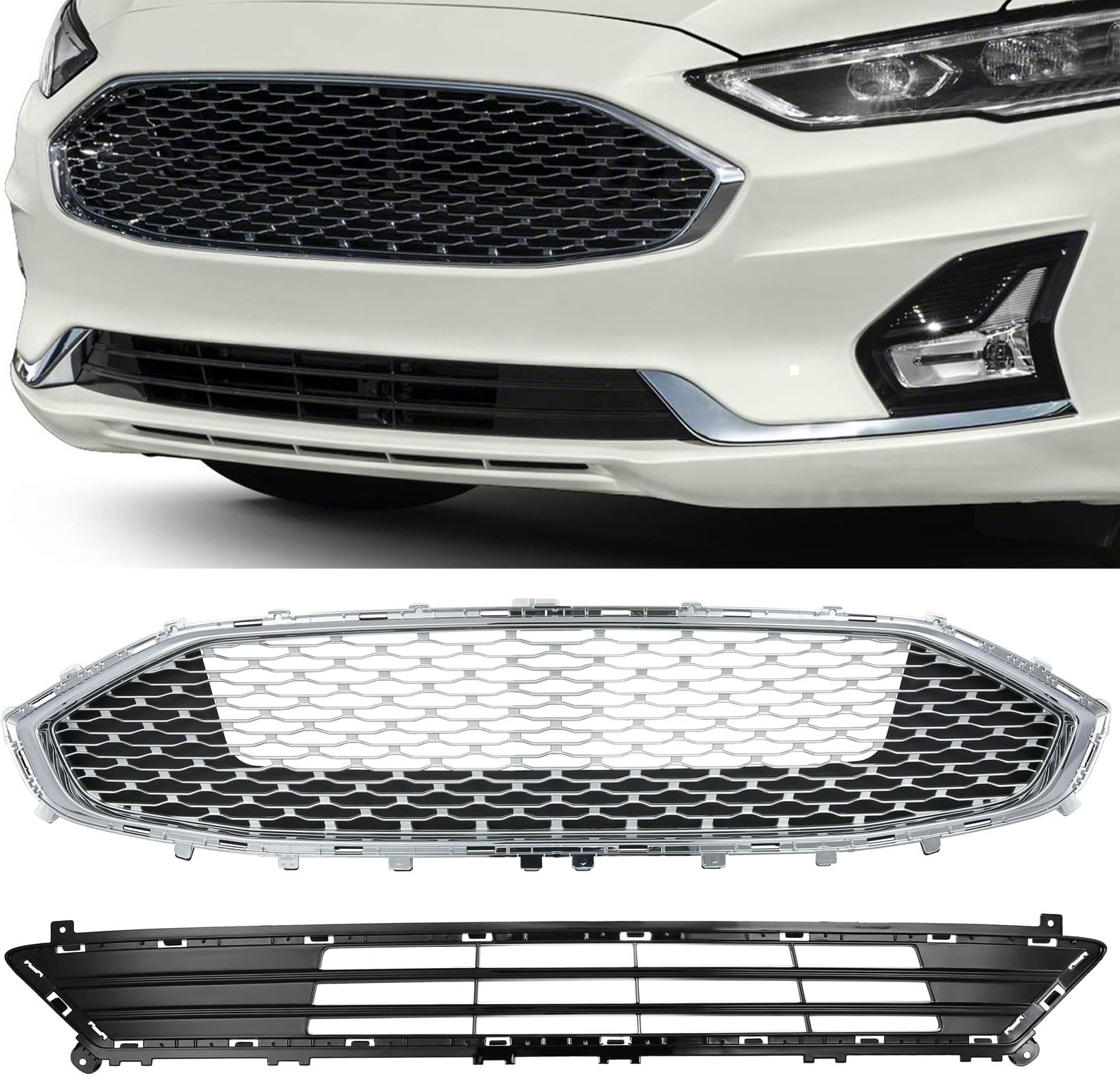 Front Bumper Grille For 2019-2020 Ford Fusion – Gloss Black ABS Mesh Replacement 3 thumbnail image