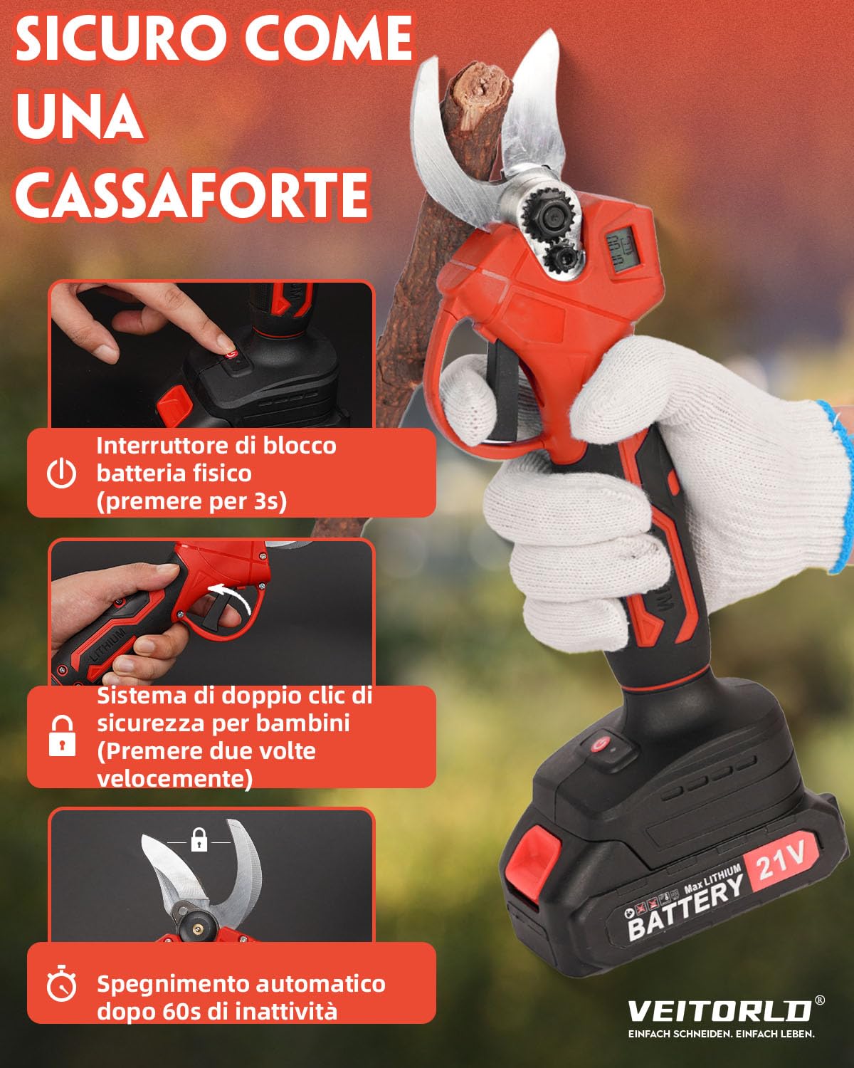 Veitorld Forbici da Potatura a Batteria, 30 mm, con 2 Batterie da 2000 mAh, Motore Senza Spazzole, Forbici da Giardino Senza Fili, con Contatore a LED, Protezione Rinforzata, Regalo per Uomini, Donne