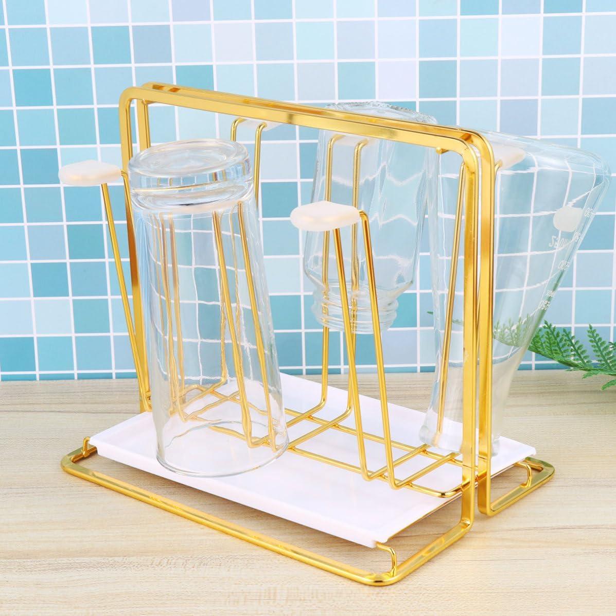 Baluue Cup Drying Rack with Detachable Drain Tray and 6 Hooks Iron Bottle Drying Stand Non-Slip Bottom Square Base Design for Home and Bar Kitchen Organization