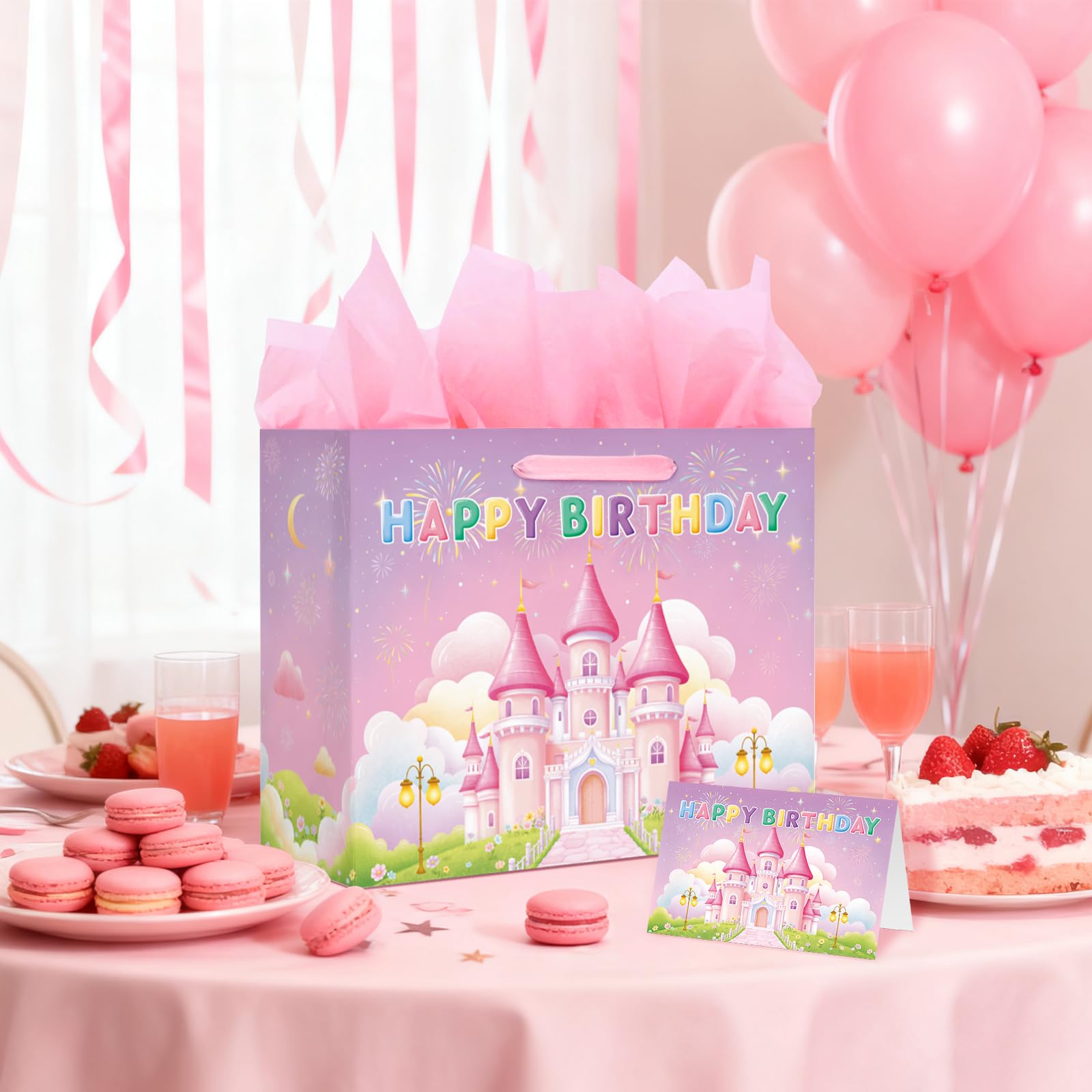 Princess Castle Birthday Gift Bag Set - Includes Card & Tissue Paper, Medium Size 13x10.2x4.9”, Ideal Birthday Bag for Women, Girls, and Kids’ Party