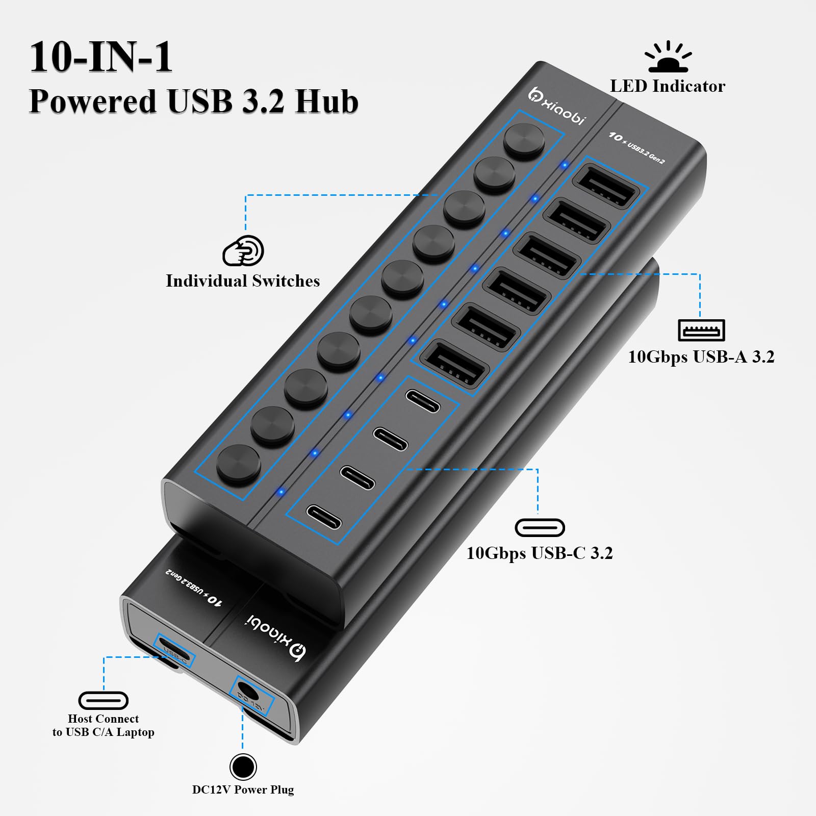 Hub USB alimentato, hub USB C a 10 porte con 6 porte USB-A 3.2, 4 porte USB-C 3.2, interruttori singoli e adattatore di alimentazione 12V/5A, prolunga USB in alluminio per MacBook, laptop/PC e altro