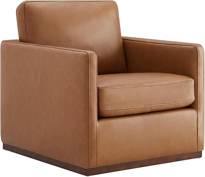 CHITA Genuine Leather Swivel Chair, Wood Frame, Fully Assembled, Saddle | Leather Arm Chair with 360 Swivel Solid Wood Base, Mid Century Modern Living Room Chair, 33"Dx30"Wx33"H, 300 Lb Capacity