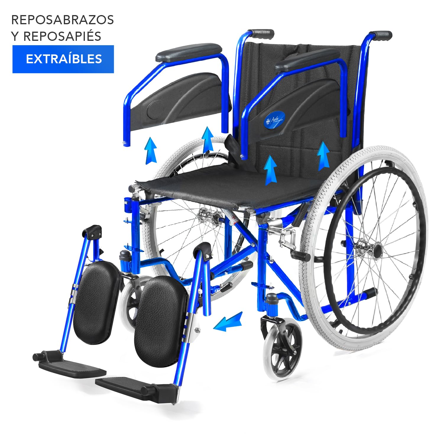 AIESI® Silla de Ruedas ligera plegable con reposapiés elevables ajustables AGILA EVOLUTION PLUS, Reposabrazos extraíbles, Cinturón de seguridad, Bomba de inflado, Garantía 24 meses