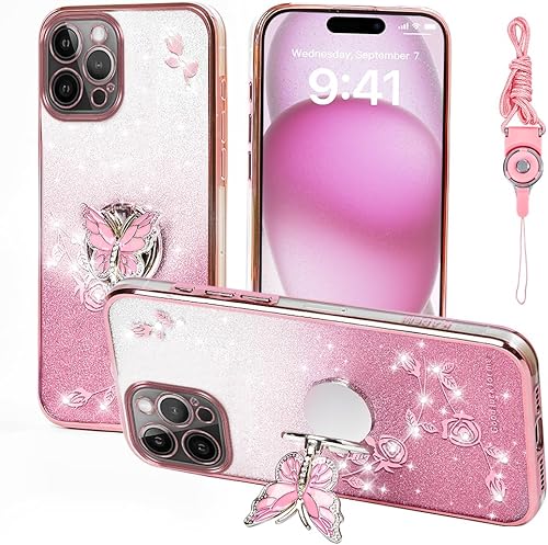 Miniatura 16 de Funda protectora para Apple iPhone 14 (6.1 pulgadas), para mujeres y niñas, funda protectora de TPU con diseño floral de mariposa con purpurina y