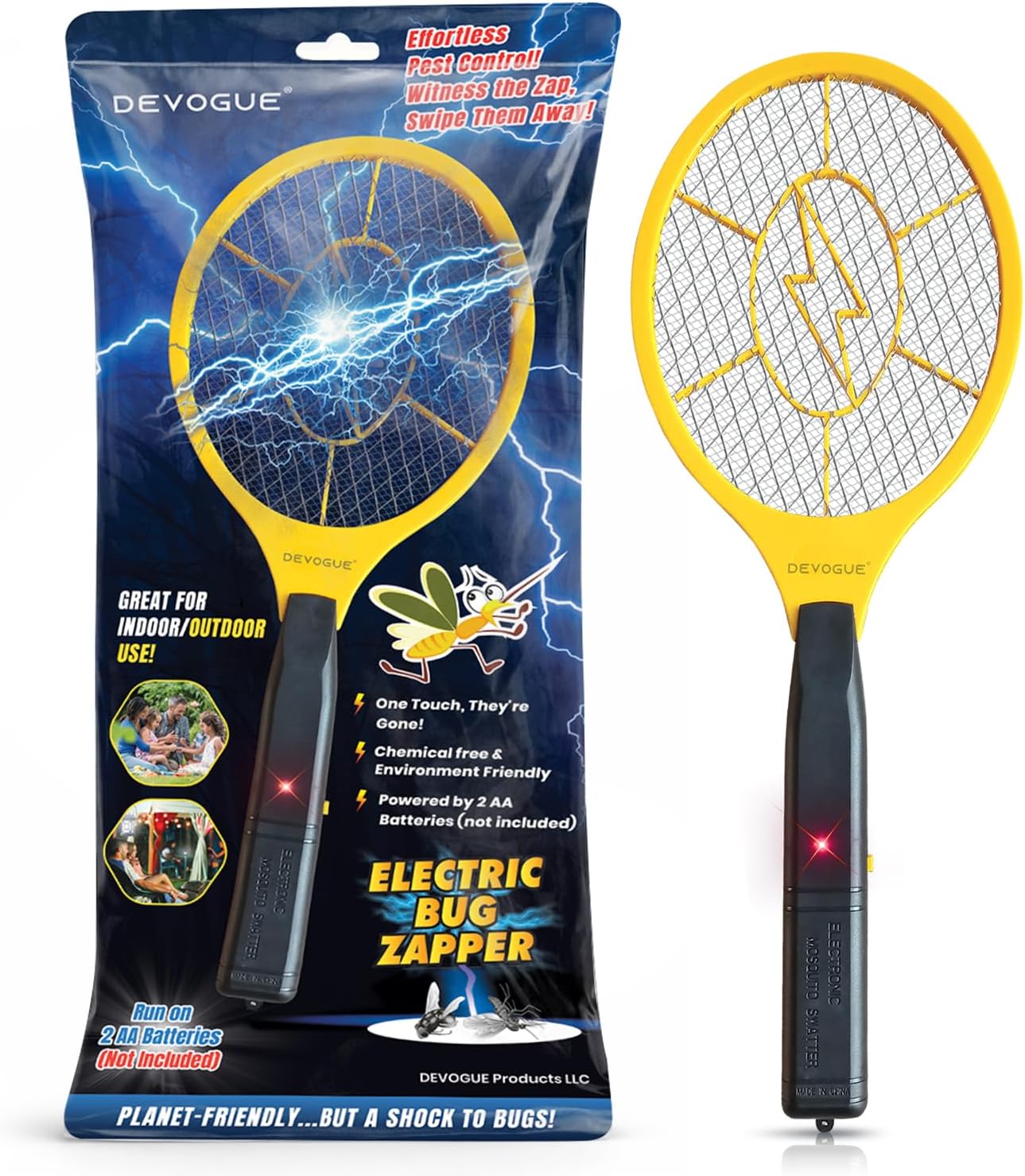 DEVOGUE® Electric Fly Swatter – Battery Operated Bug Zapper Racket, Mosquito & Insect Killer, Handheld Pest Control, Indoor & Outdoor Use - Amazon product rated Grade B