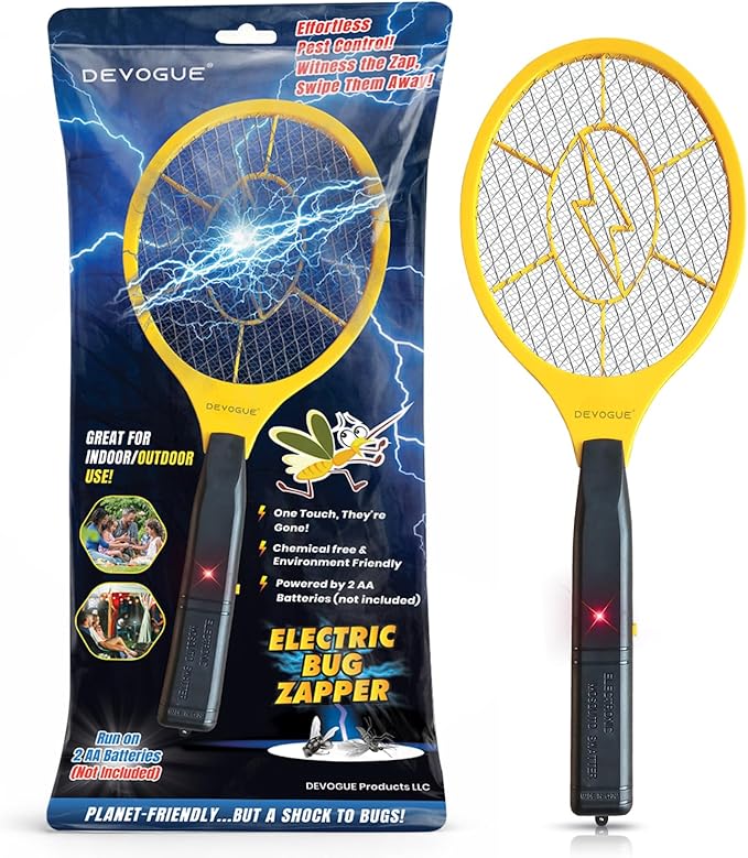 DEVOGUE® Electric Fly Swatter – Battery Operated Bug Zapper Racket, Mosquito & Insect Killer, Handheld Pest Control, Indoor & Outdoor Use