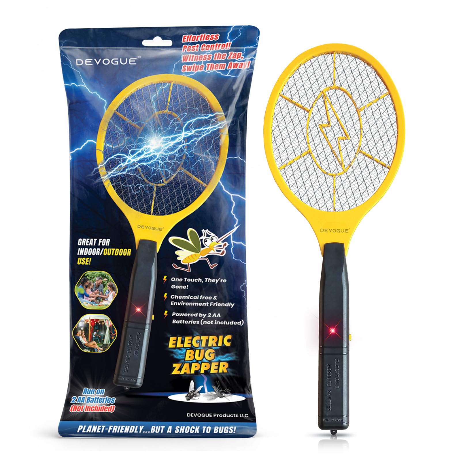 DEVOGUE® Electric Fly Swatter – Battery Operated Bug Zapper Racket, Mosquito & Insect Killer, Handheld Pest Control, Indoor & Outdoor Use