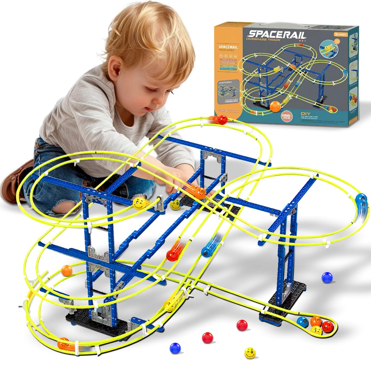 Koolbitz Marble Run Building Blocks Toy Set – 266 PCS DIY Construction Kit, STEM Learning Educational Toy Interactive Race Track with Colorful Marbles & Smiley Balls Play Game for Kids Ages 3+