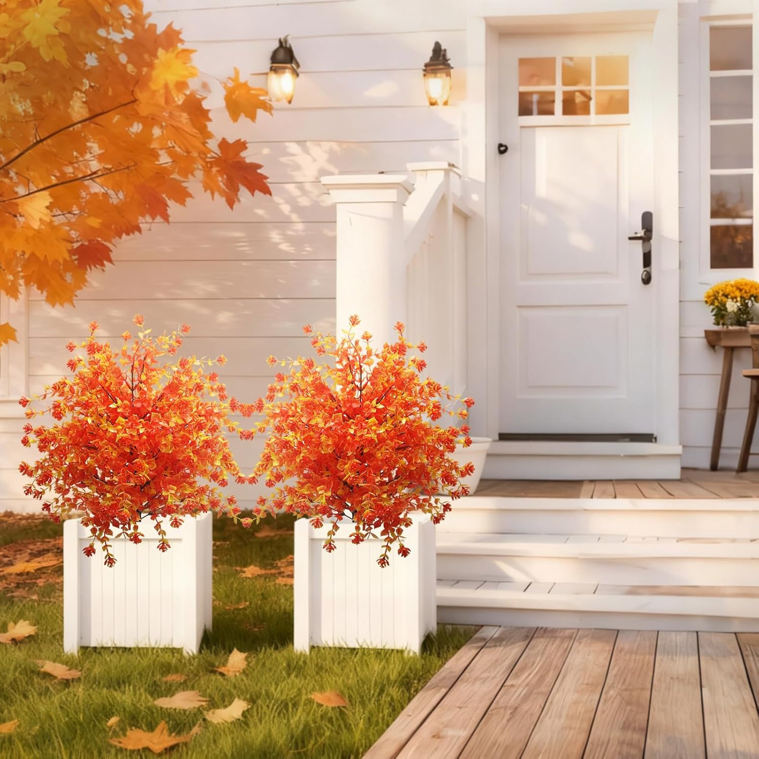 2 Pack Artificial Plants for Outdoor, UV Resistant Fake Shrubs with Ground Stakes for Fall Porch Decor, Autumn Home Garden Patio Decorations, Artificial Outdoor Flowers Decor (Sunset Red)