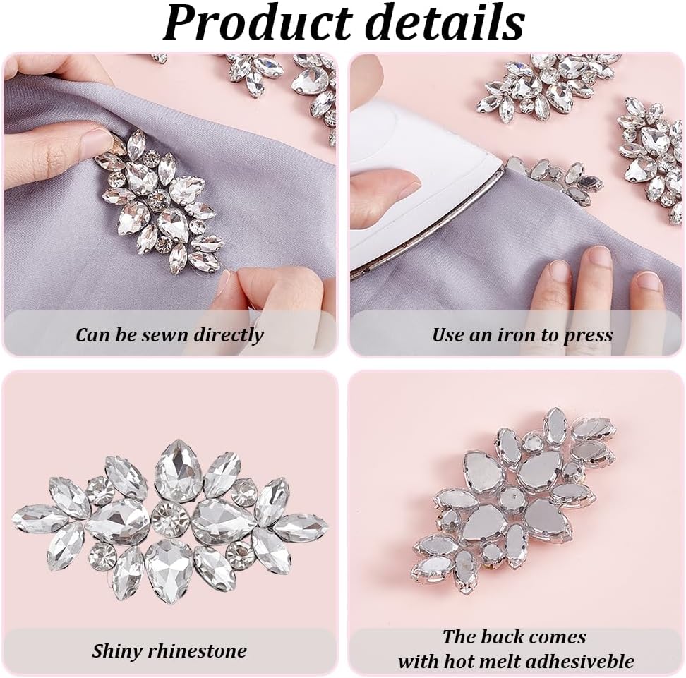 FREEBLOSS 8Pcs Rhinestone Applique Silver Sew On Appliques Rhinestone Patches Crystal Applique Sequin Embellishments for Bridal Wedding Clothing 6.7x3.5cm/2.64x1.38inch